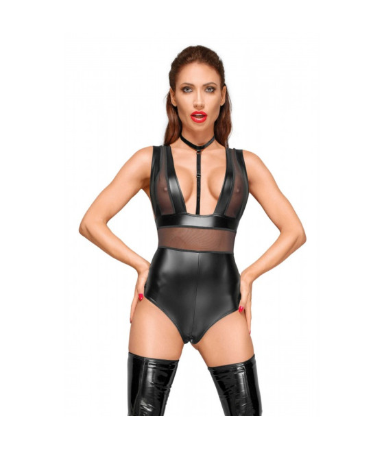 F183 Powerwetlook body avec larges bretelles, empiècements en tulle et tour de cou en velours