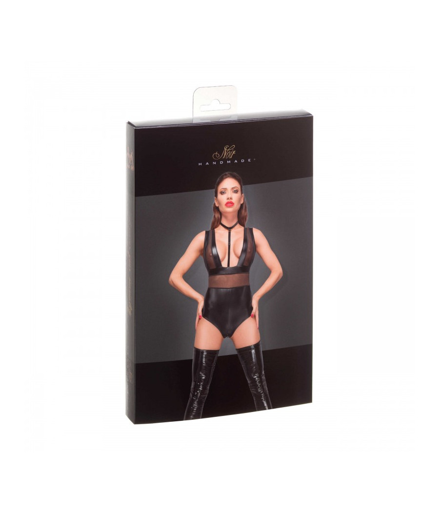 F183 Powerwetlook body avec larges bretelles, empiècements en tulle et tour de cou en velours