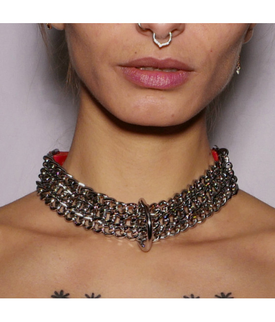 Collier Chaines cuir rouge