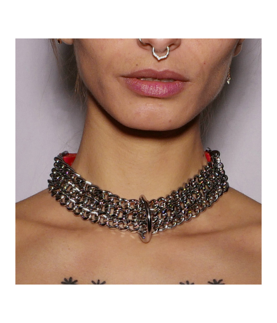 Collier Chaines cuir rouge