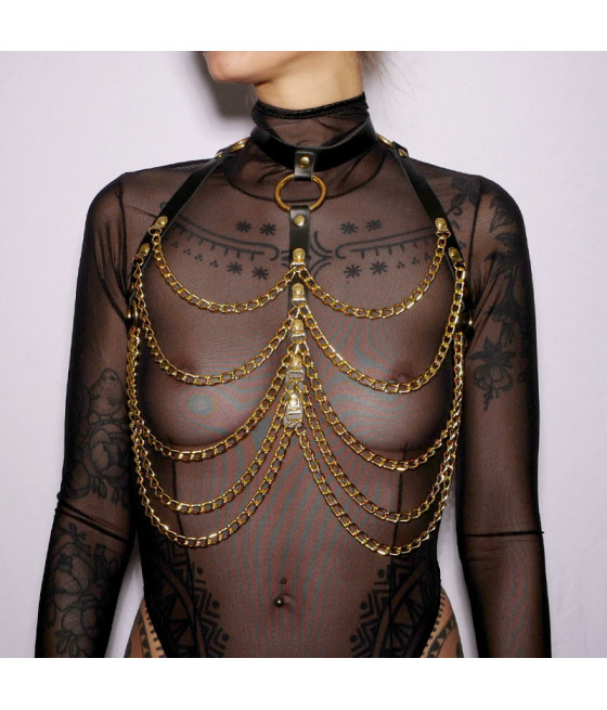 Harnais de poitrine cuir et chaines Gold