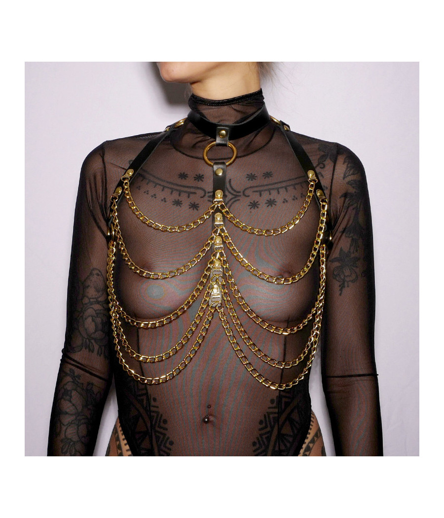 Harnais de poitrine cuir et chaines Gold