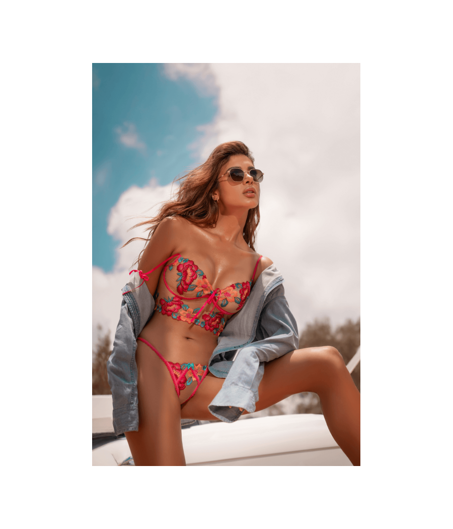 Ensemble 2 pièces brodé rose et bleu, bustier et string 