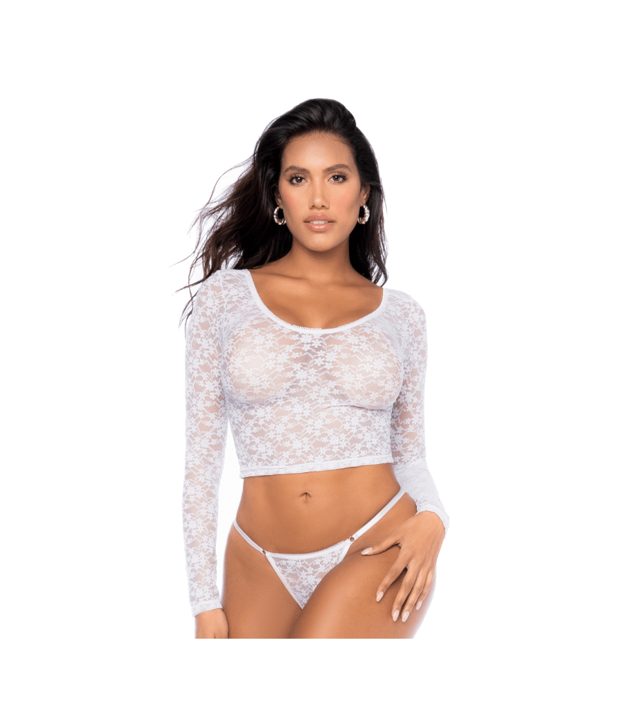 Ensemble 2 pièces en dentelle blanche, crop top et string 