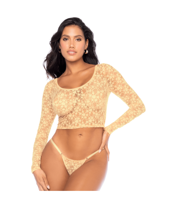 Ensemble 2 pièces en dentelle jaune pastel, crop top et string 