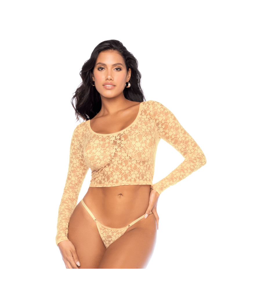 Ensemble 2 pièces en dentelle jaune pastel, crop top et string 