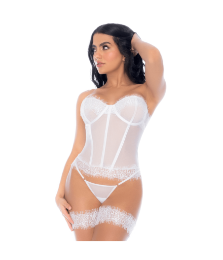 Ensemble 4 pièces blanc, bustier, string et 2 jarretières 