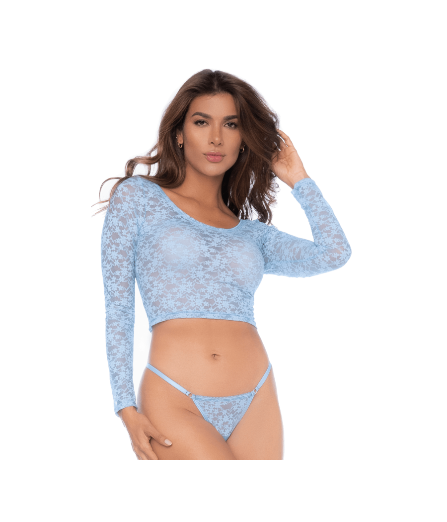 Ensemble 2 pièces en dentelle bleue pastel, crop top et string 