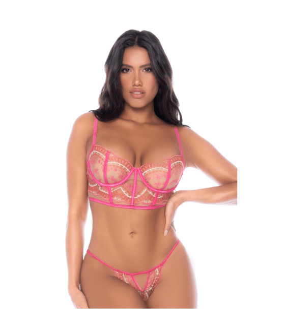 Ensemble 2 pièces résille brodée rose 