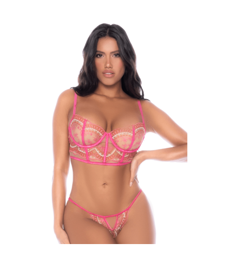 Ensemble 2 pièces résille brodée rose 