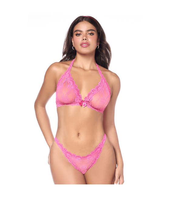 Ensemble sexy 2 pièces rose en dentelle délicate avec haut et string assorti 
