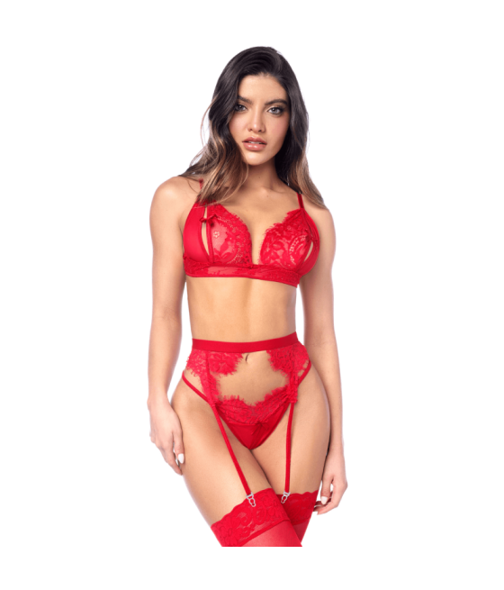 Ensemble sexy 3 pièces peek-a-boo en dentelle avec string et porte-jarretelles 