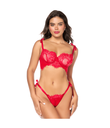 Ensemble sexy 2 pièces en dentelle avec liens à nouer et string 