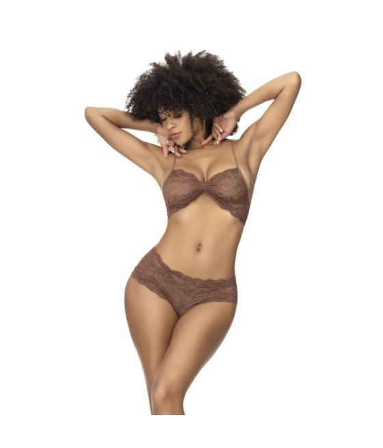 Ensemble 2 pièces, top et tanga en dentelle couleur cacao 