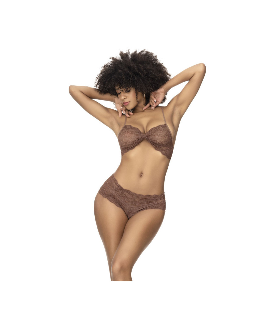 Ensemble 2 pièces, top et tanga en dentelle couleur cacao 