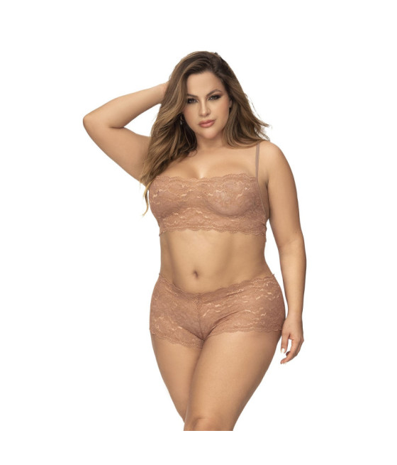 Ensemble 2 pièces en dentelle grande taille, top à bretelles et shorty couleur taupe 