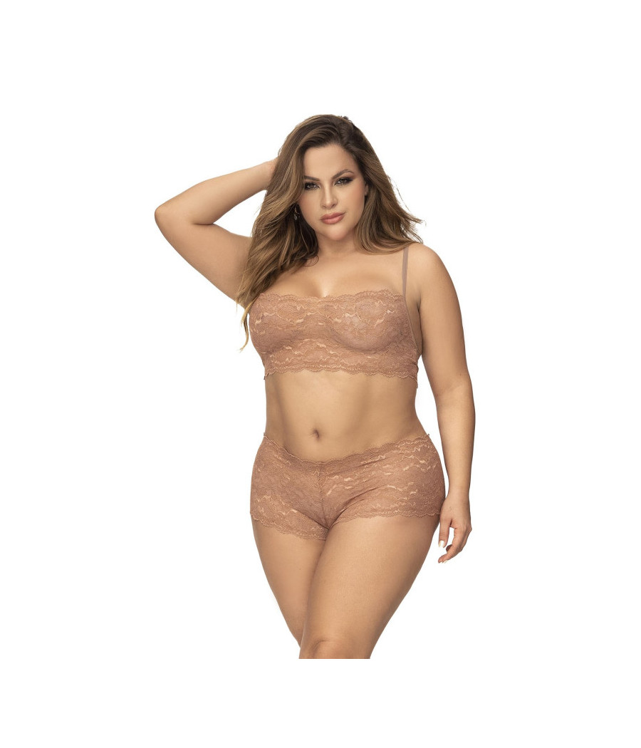 Ensemble 2 pièces en dentelle grande taille, top à bretelles et shorty couleur taupe 