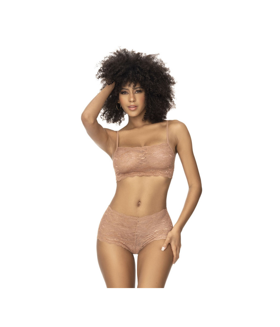 Ensemble 2 pièces en dentelle, top à bretelles et shorty couleur taupe 