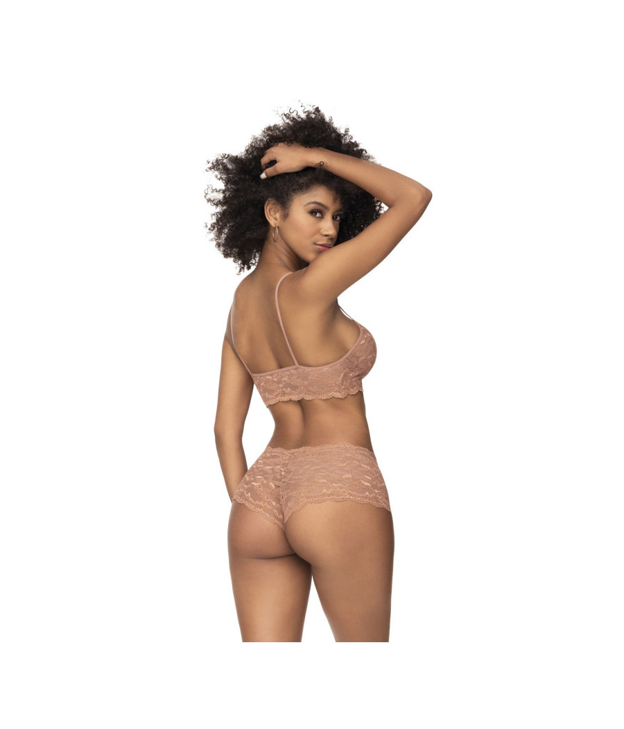 Ensemble 2 pièces en dentelle, top à bretelles et shorty couleur taupe 