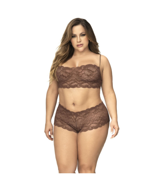 Ensemble 2 pièces en dentelle grande taille, top à bretelles et shorty couleur cacao 