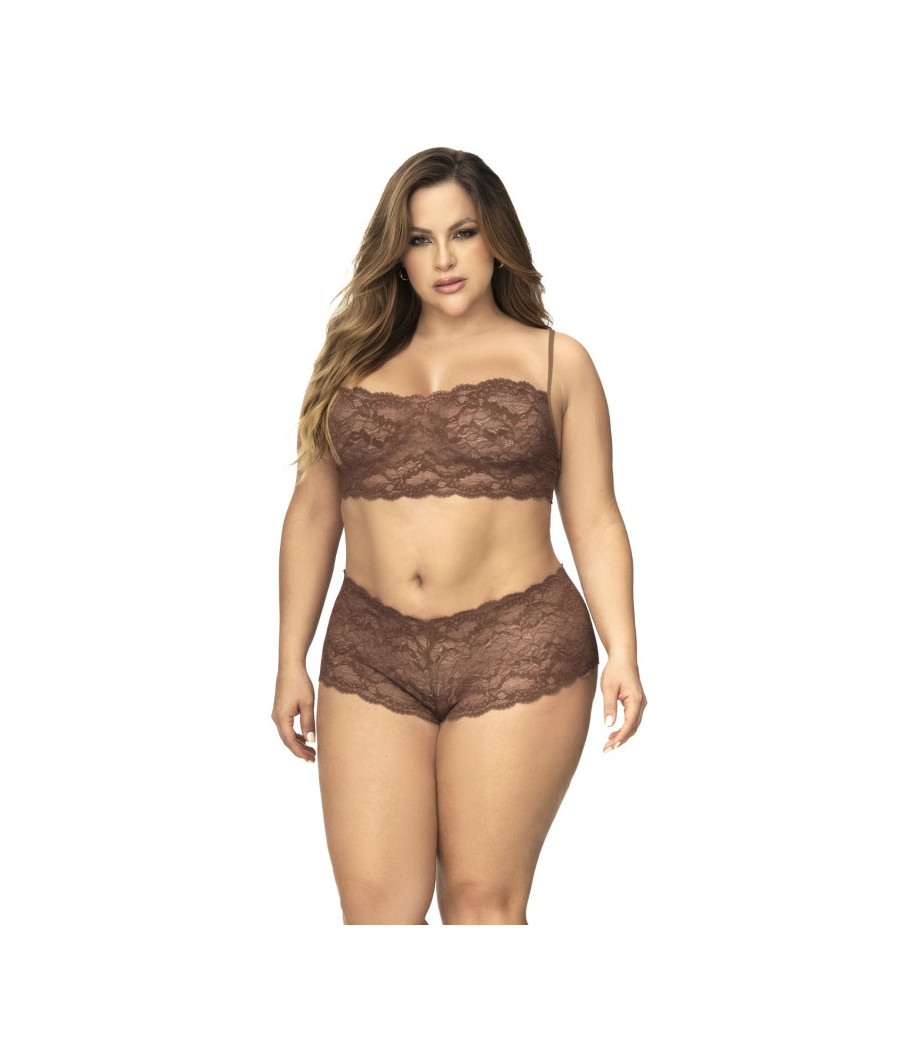 Ensemble 2 pièces en dentelle grande taille, top à bretelles et shorty couleur cacao 