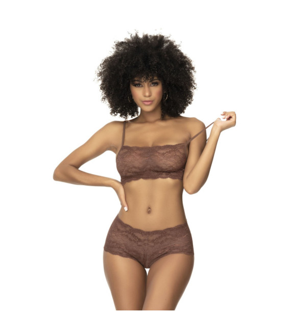 Ensemble 2 pièces en dentelle, top à bretelles et shorty couleur cacao 