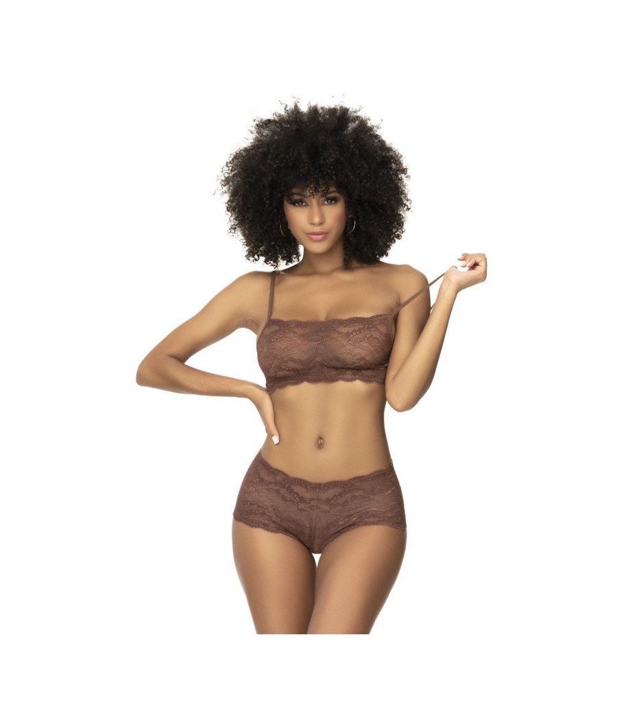 Ensemble 2 pièces en dentelle, top à bretelles et shorty couleur cacao 