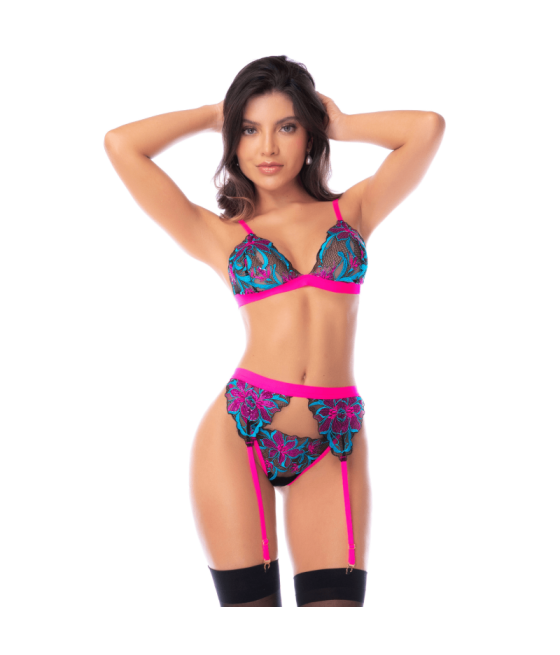 Ensemble lingerie 3 pièces bleu et rose brodé avec sequins – Mapalé