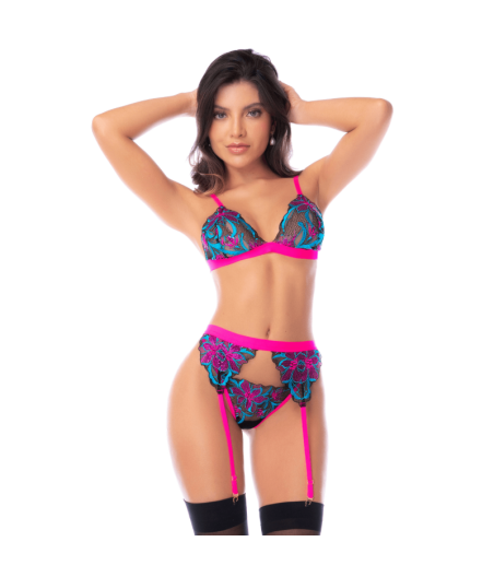 Ensemble lingerie 3 pièces bleu et rose brodé avec sequins – Mapalé