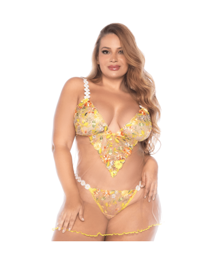 Nuisette grande taille transparente brodée jaune et string 