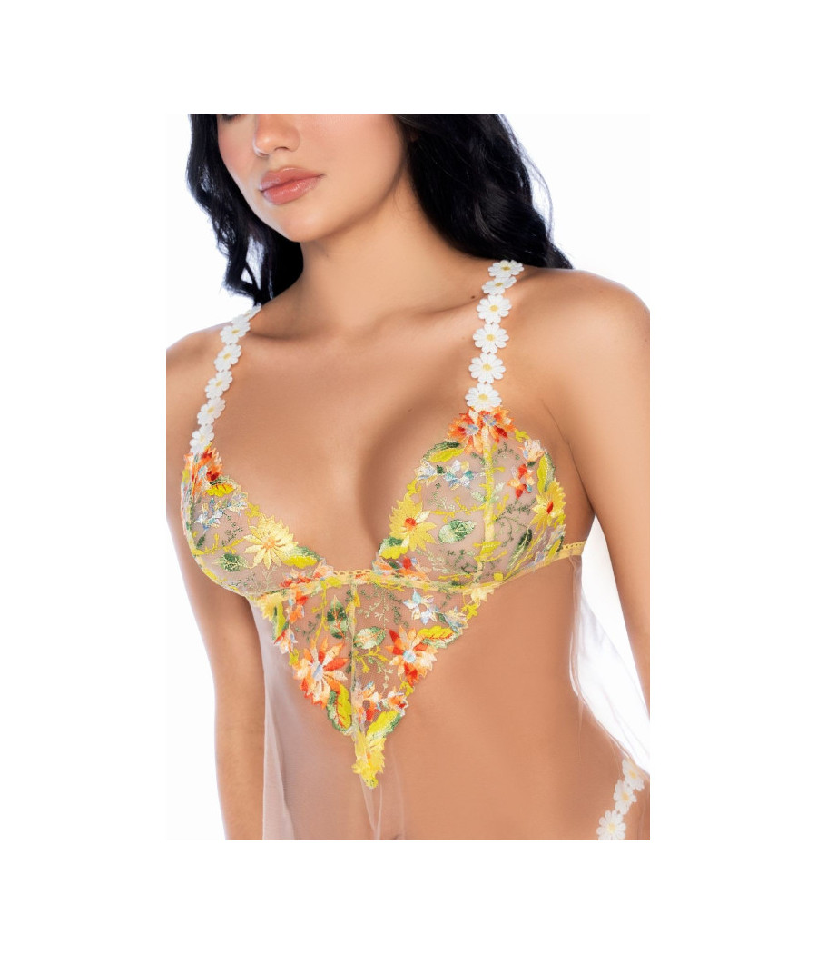 Nuisette transparente brodée jaune et string 