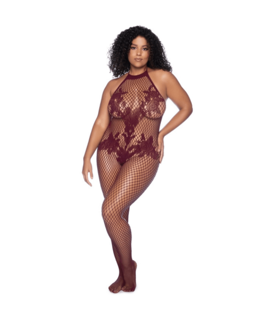 Combinaison grande taille en résille couleur cerise 