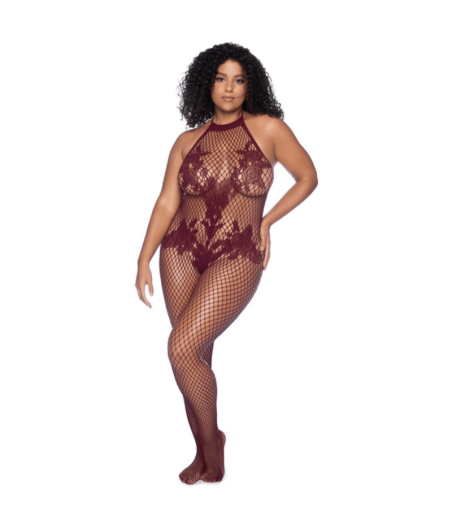 Combinaison grande taille en résille couleur cerise 