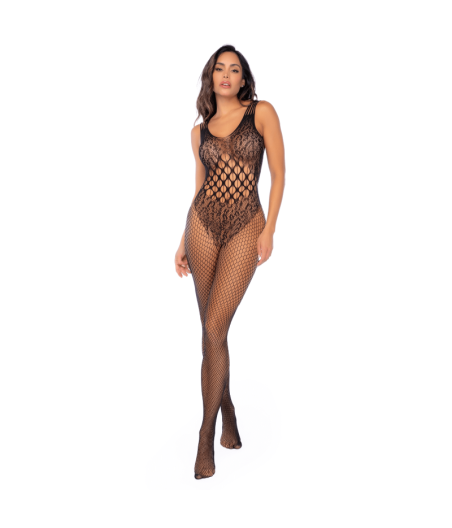 Combinaison en résille léopard noire ouverte à l’entrejambe - Mapalé