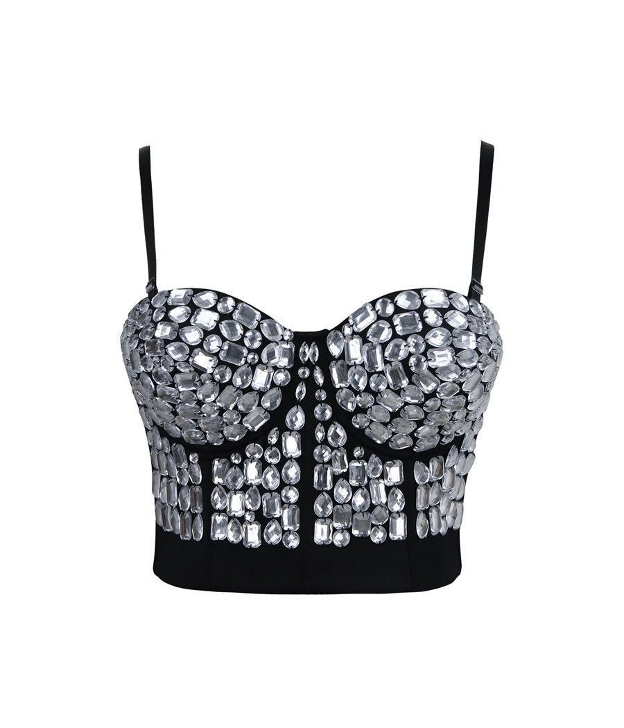 Top Bustier Sexy Noir avec Pierre de strass Argenté Top Bustier Sexy Noir avec Pierre de strass Argenté