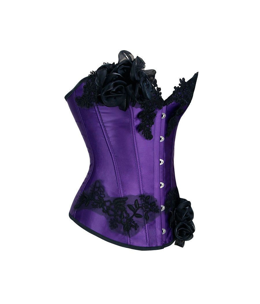 Splendide corset bustier satin violet et fleur noire 