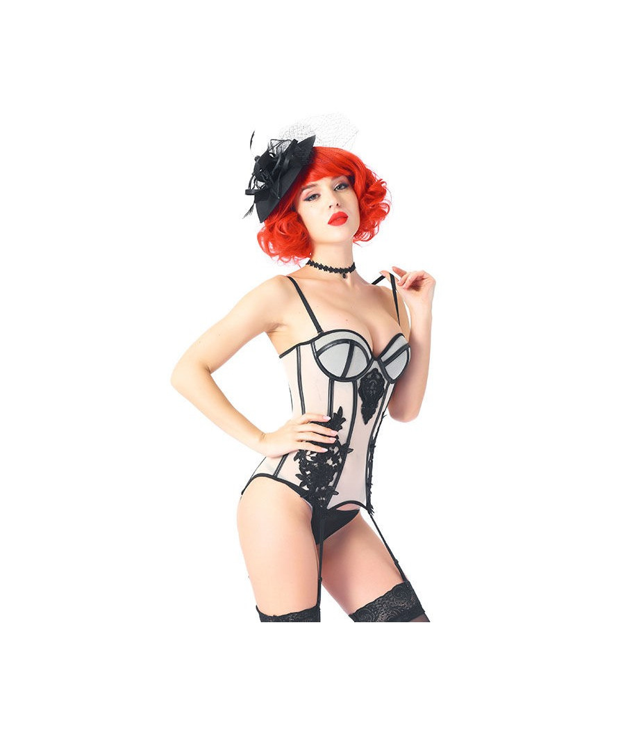 Guêpière sexy en maille blanche relevé de noir 
