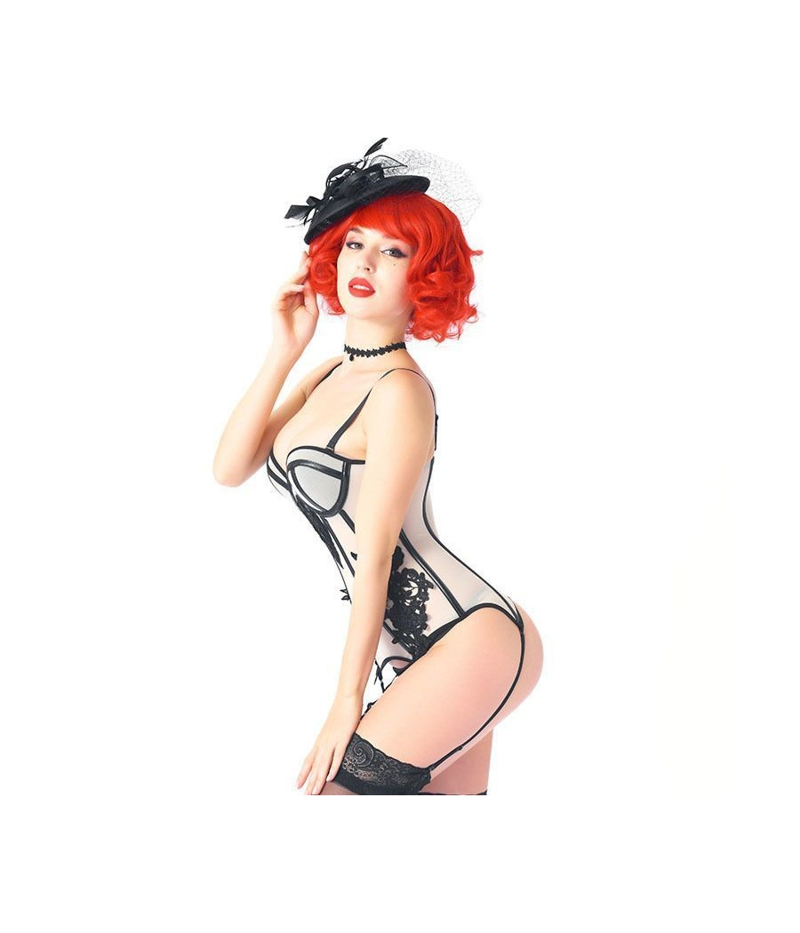 Guêpière sexy en maille blanche relevé de noir 