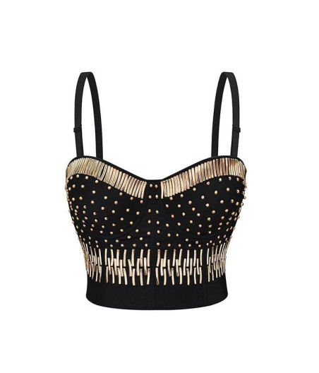 Bustier sexy noir perle et décor tubes dorés
