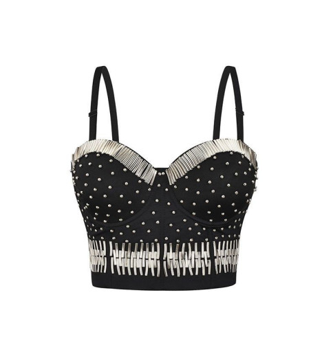 Bustier sexy noir perle et décor style métal argenté