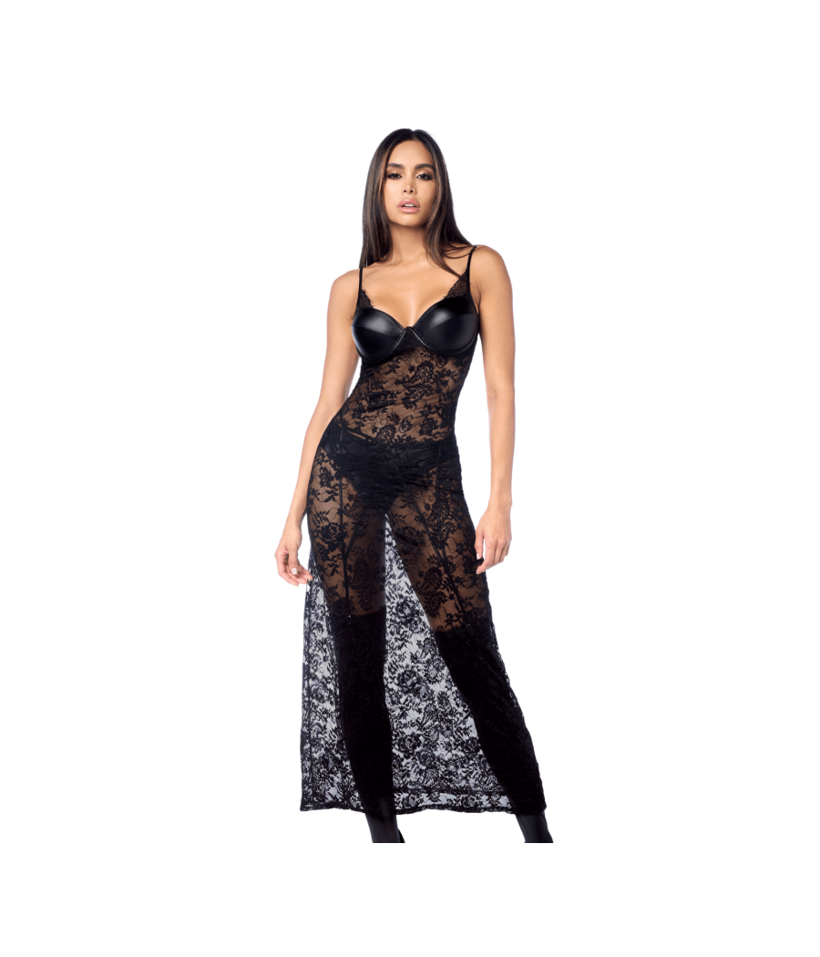Robe longue sexy en dentelle  cuir avec string et porte-jarretelles 