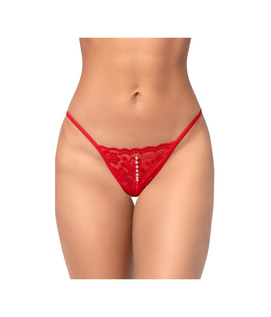 String ouvert rouge en dentelle avec perle suspendue