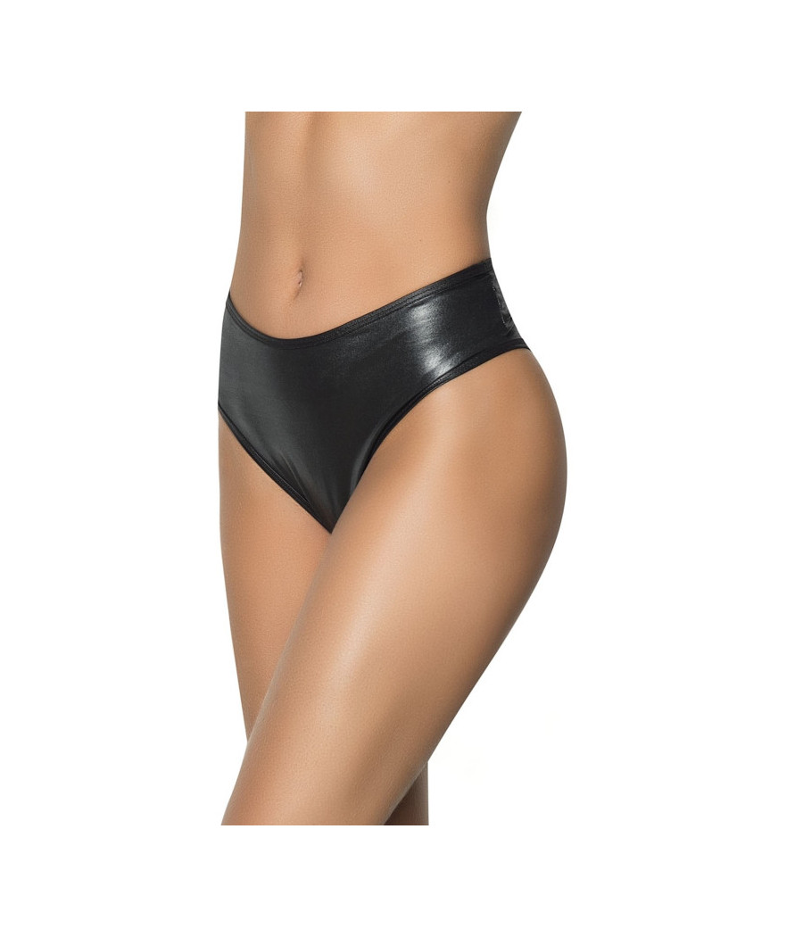 String bande large en wetlook noir, taille haute, tissu fronçé à l'arrière 