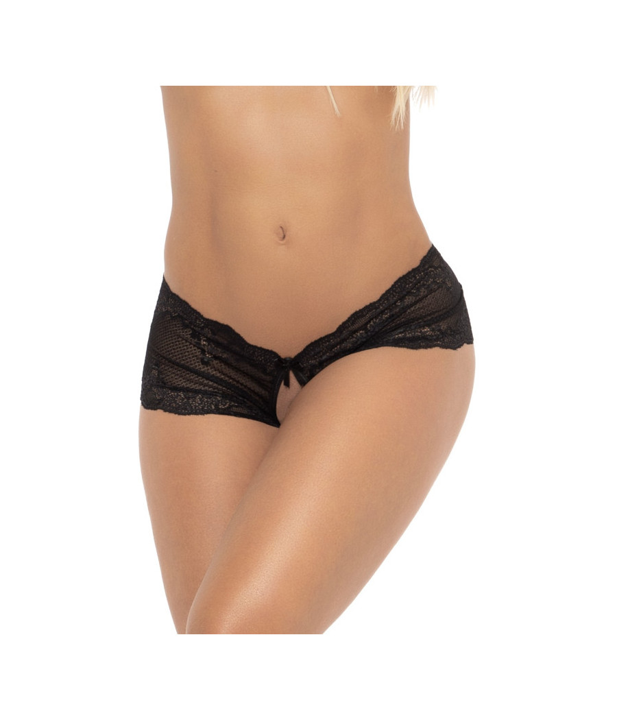 Panty dentelle et résille noir, ouvert à l'entrejambe 