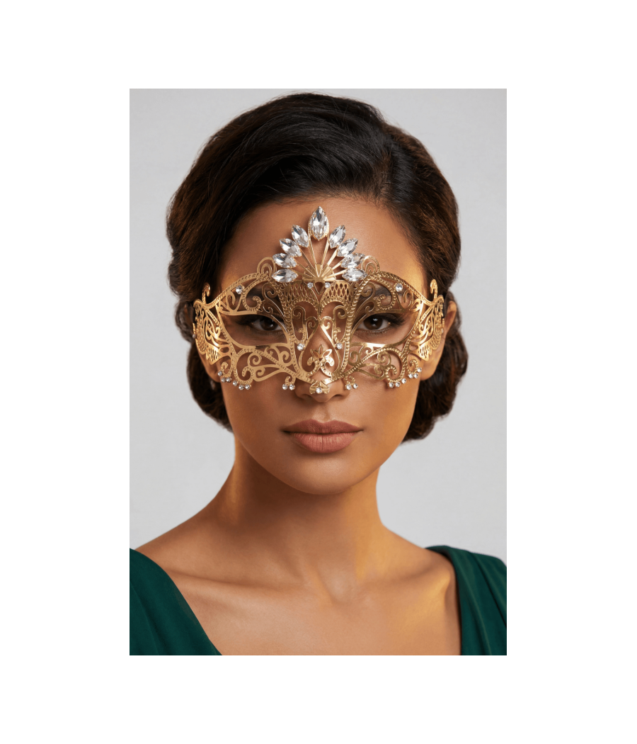 Masque vénitien Gemma rigide doré avec strass