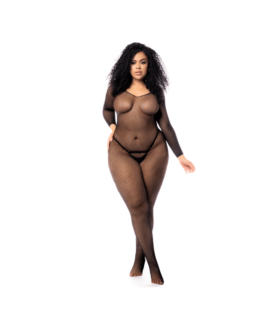 Combinaison grande taille manches longues en résille noire 