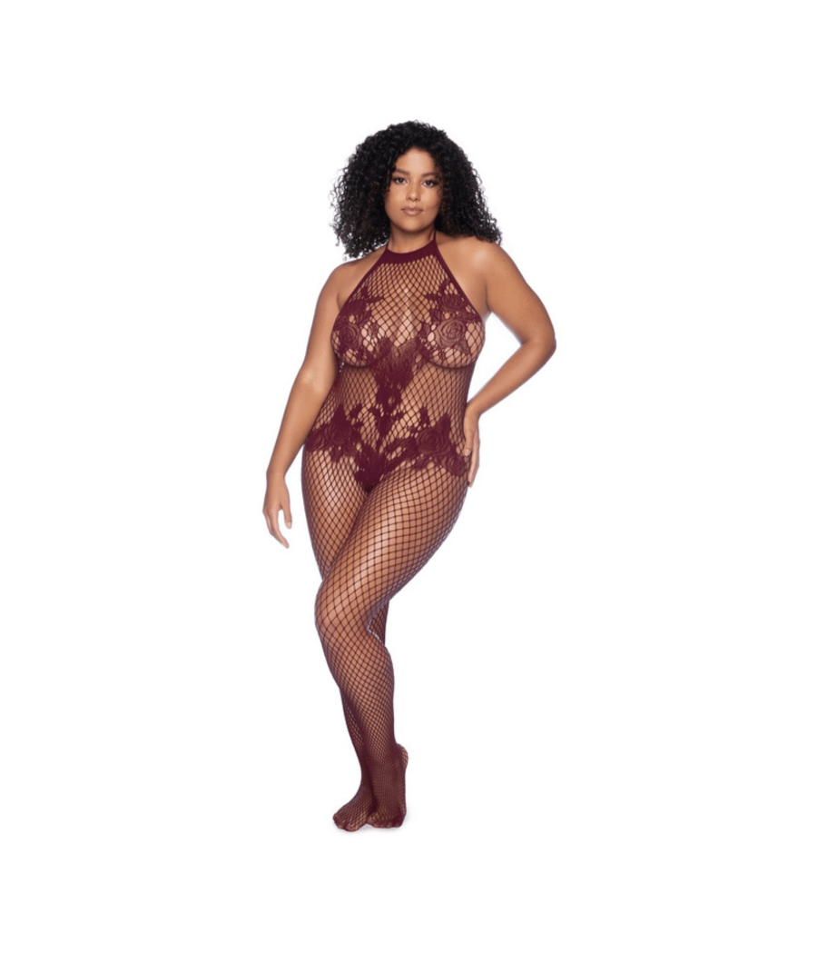 Combinaison grande taille en résille couleur cerise 