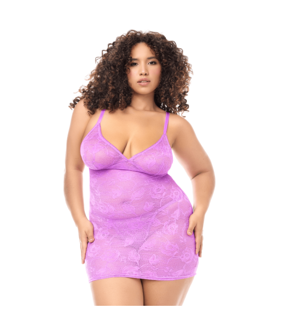 Babydoll grande taille dentelle violette et string 