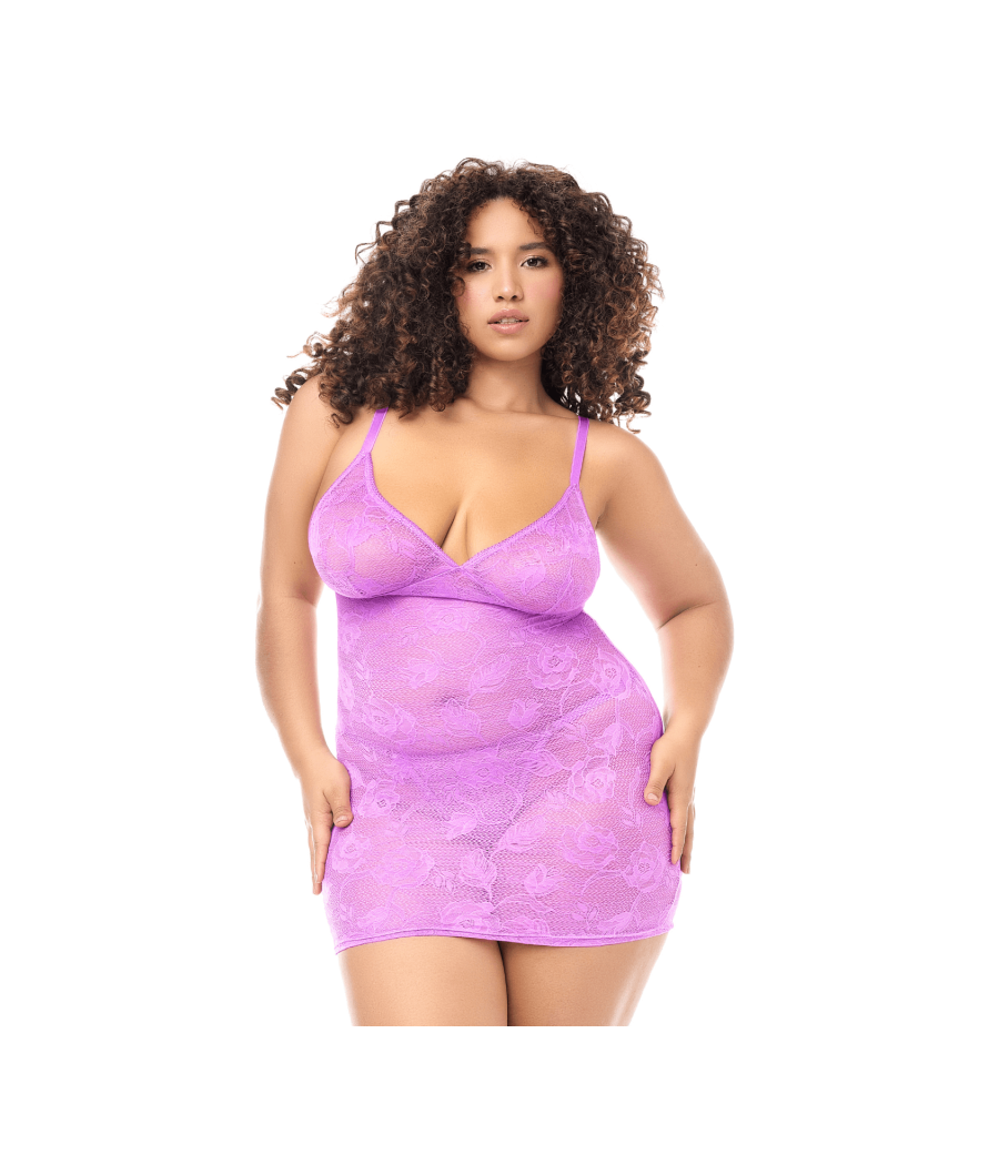Babydoll grande taille dentelle violette et string 