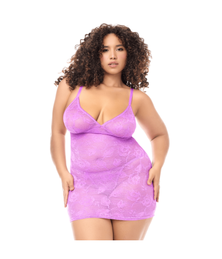 Babydoll grande taille dentelle violette et string 